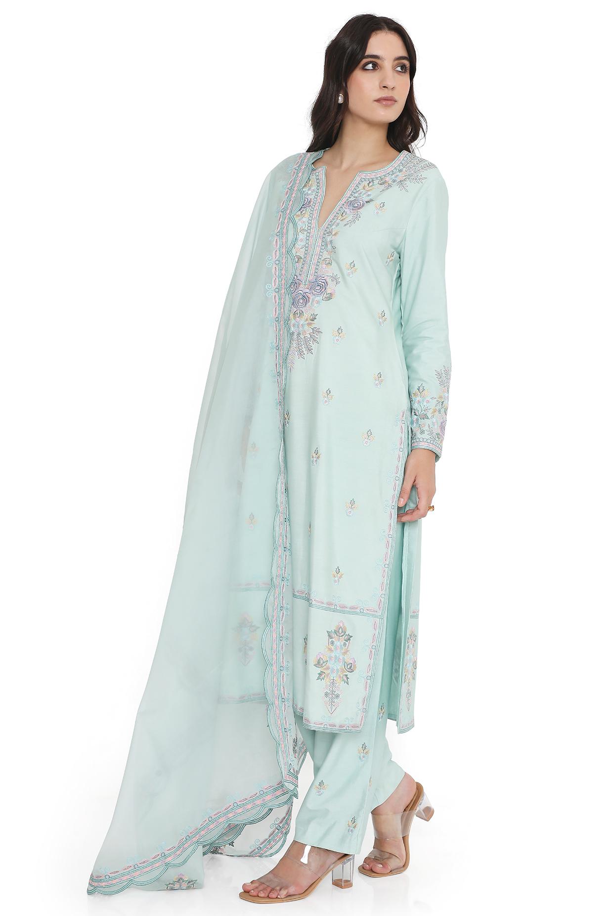 Powder Blue Embroidered Kurta With Pant And Embroidered Dupatta