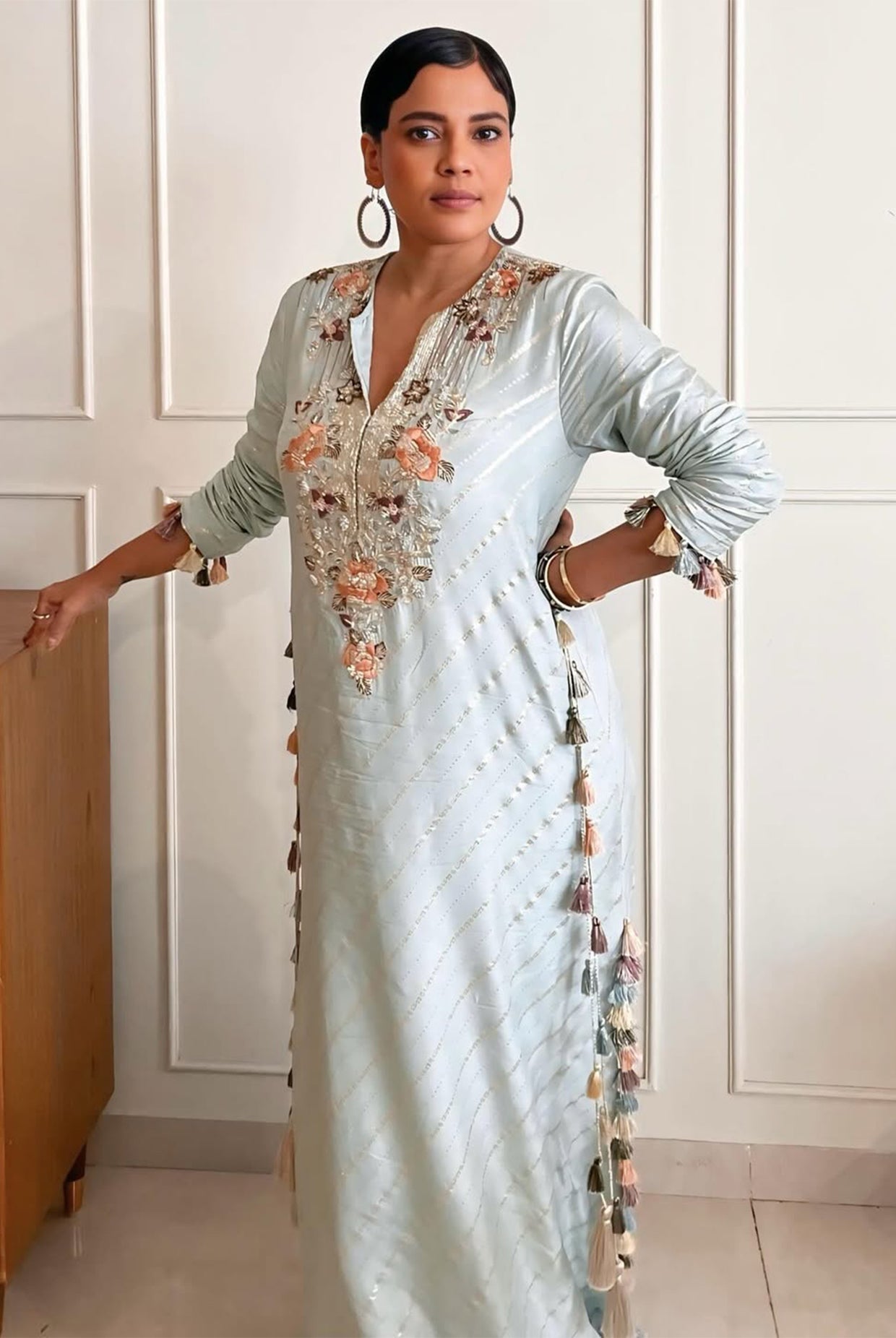 Powder Blue Line Dola Silk Beyza Kaftan