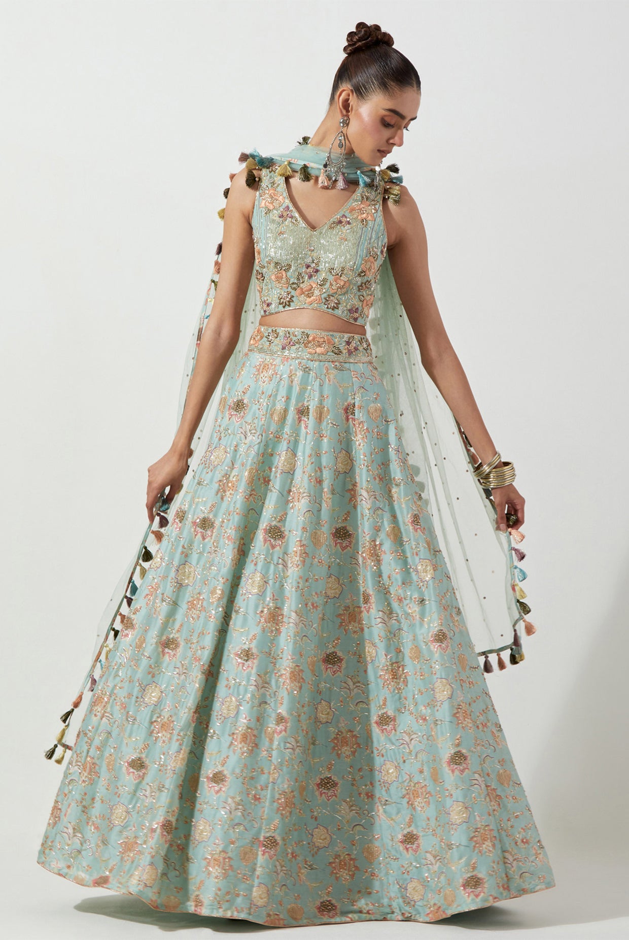 POWDER BLUE PRINTED CHOLI AND LEHENGA WITH MUKAISH NET DUPATTA