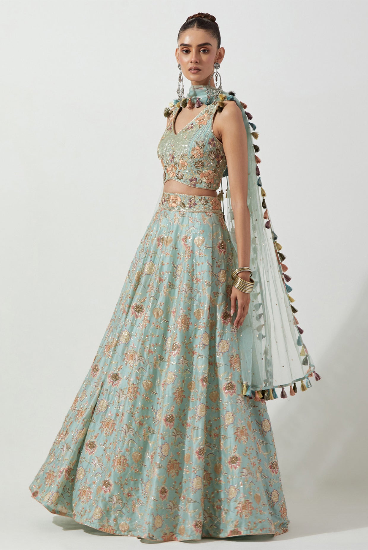 POWDER BLUE PRINTED CHOLI AND LEHENGA WITH MUKAISH NET DUPATTA