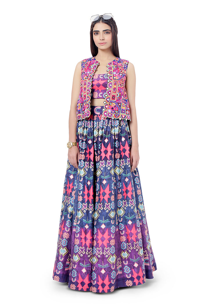 Rahat Purple Colour Georgette Embroidered Jacket with Printed Dupion Silk Bustier and Lehenga