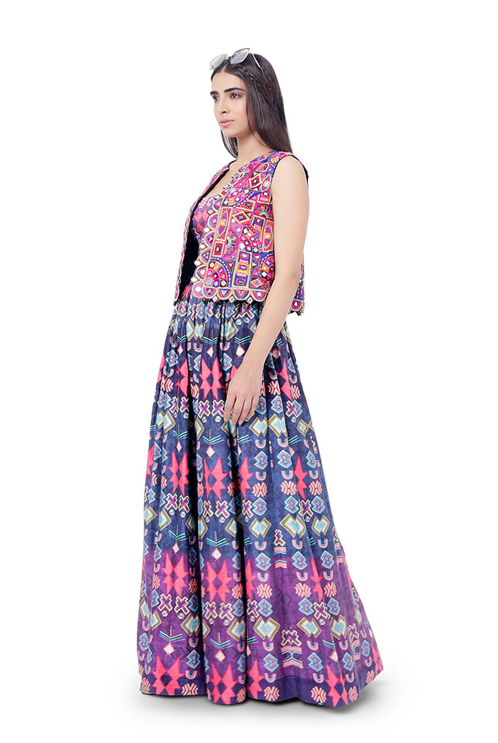 Rahat Purple Colour Georgette Embroidered Jacket with Printed Dupion Silk Bustier and Lehenga