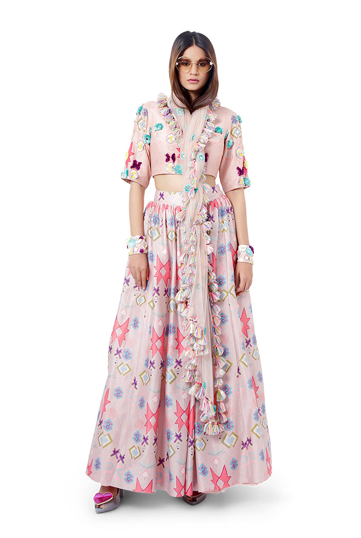 Rasal Blush Pink Printed Silkmul Choli with Silkmul Lehenga and Net Dupatta
