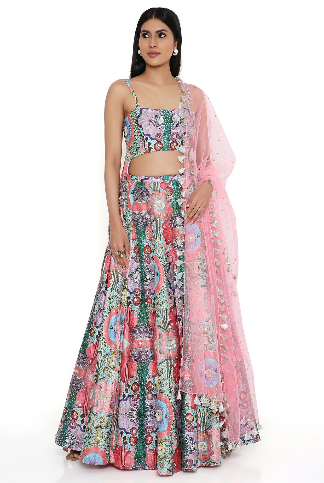 RED ENCHANTED DUPION SILK EMBROIDERED BUSTIER AND LEHENGA WITH MUKAISH NET DUPATTA
