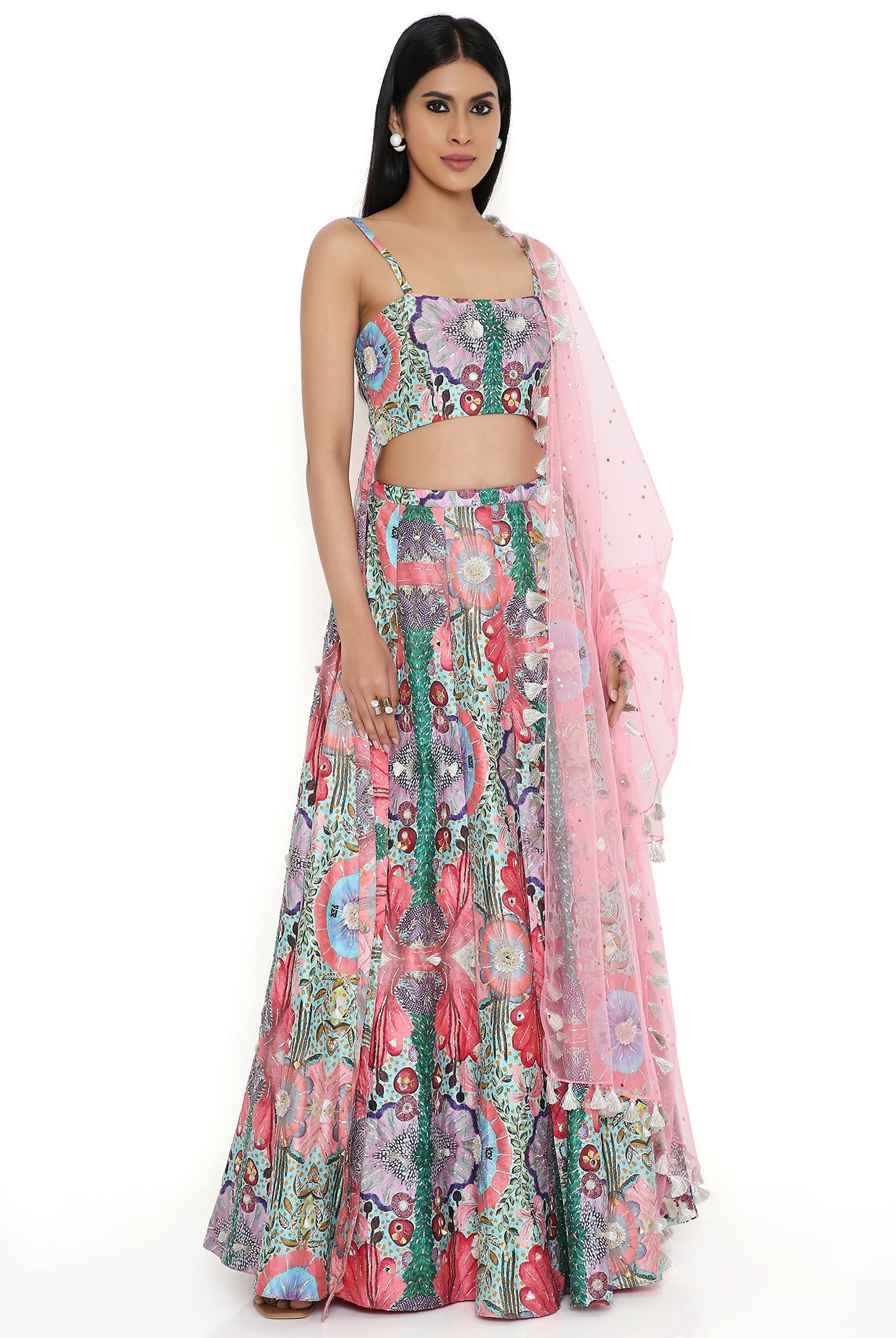 RED ENCHANTED DUPION SILK EMBROIDERED BUSTIER AND LEHENGA WITH MUKAISH NET DUPATTA