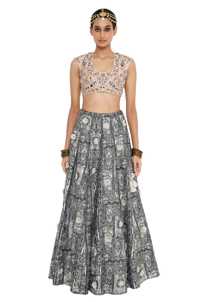 Gulnar Rose Pink Colour Dupion Silk Embroidered Choli With Printed Dupion Silk Embroidered Lehenga