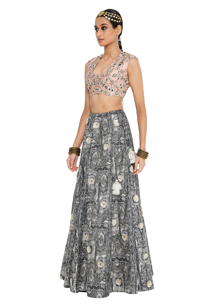 Gulnar Rose Pink Colour Dupion Silk Embroidered Choli With Printed Dupion Silk Embroidered Lehenga