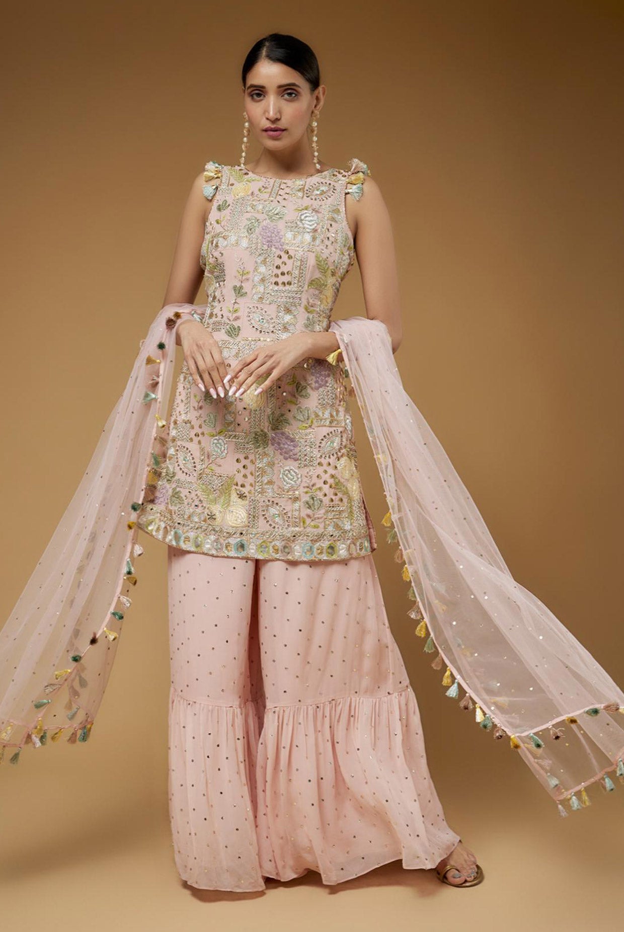 Rose Pink Embroidered Backless Kurta With One Frill Sharara & Dupatta