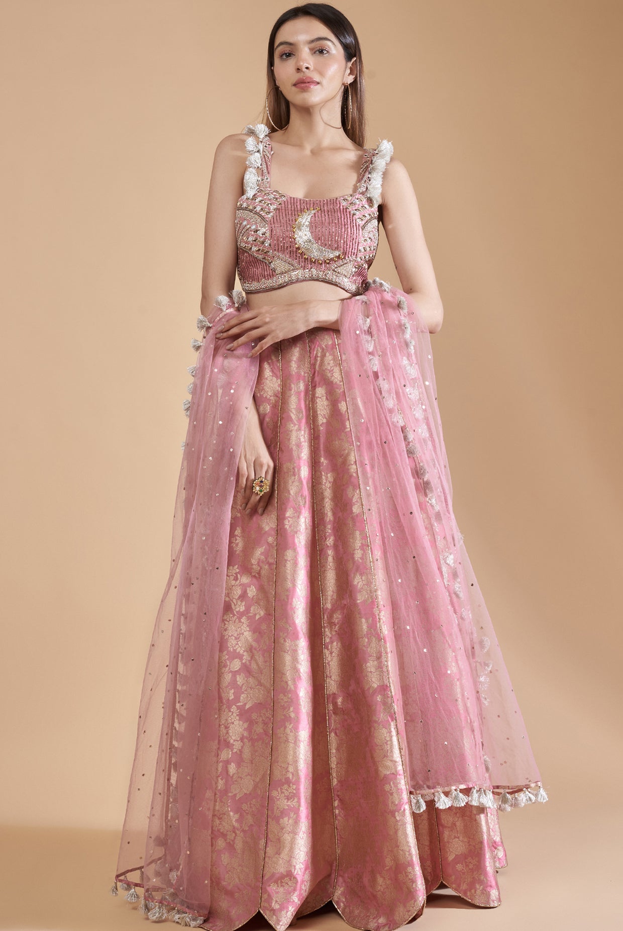 Rose Pink Embroidered Bustier With Lehenga And Dupatta