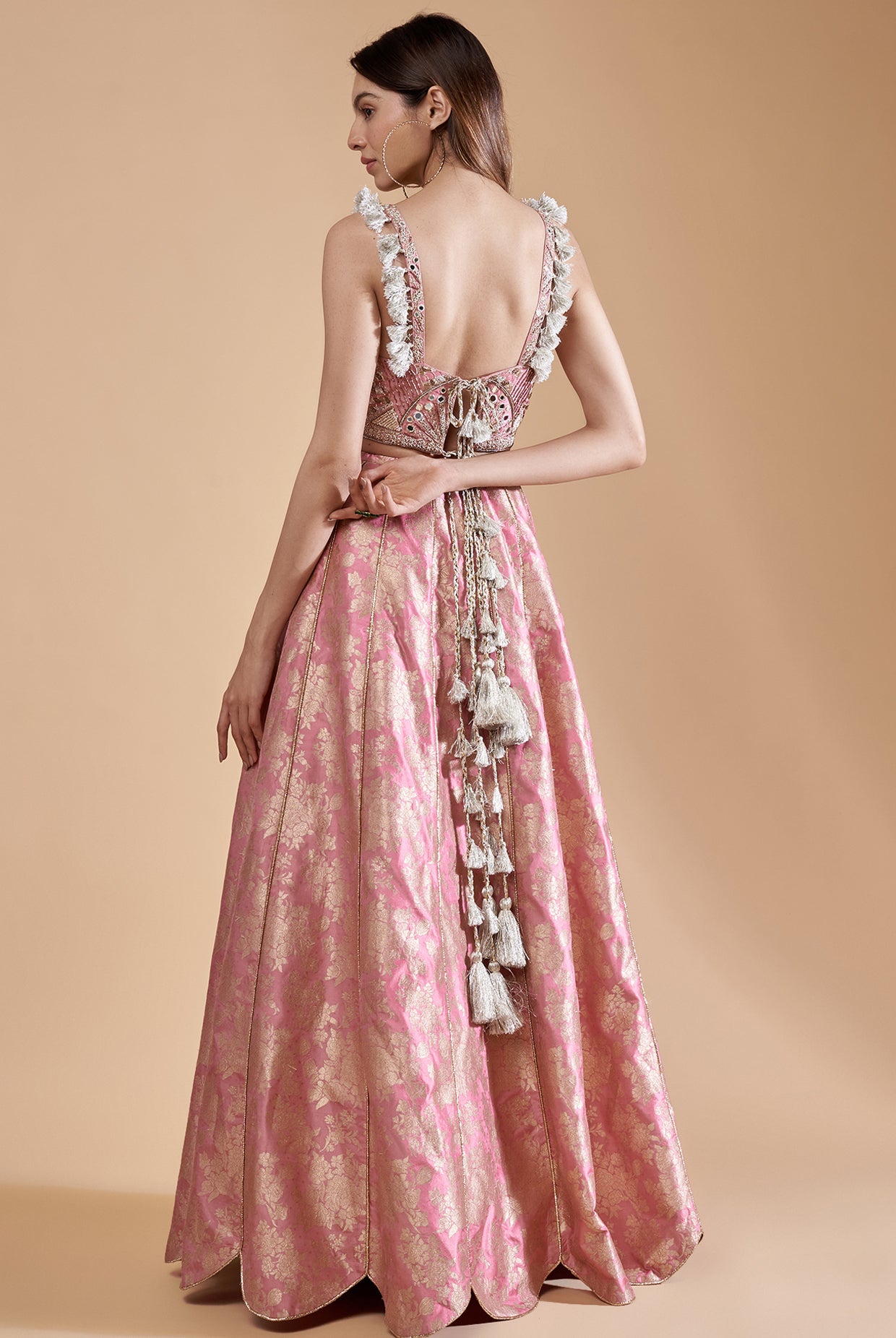 Rose Pink Embroidered Bustier With Lehenga And Dupatta