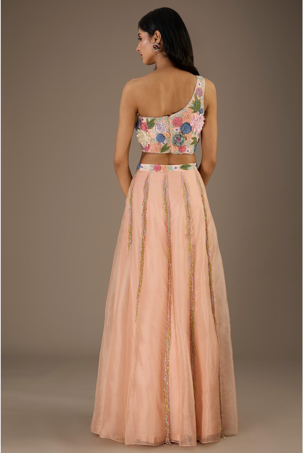 Rose Pink Embroidred One Shoulder Choli With Embroidred Belt Lehenga With Dupatta