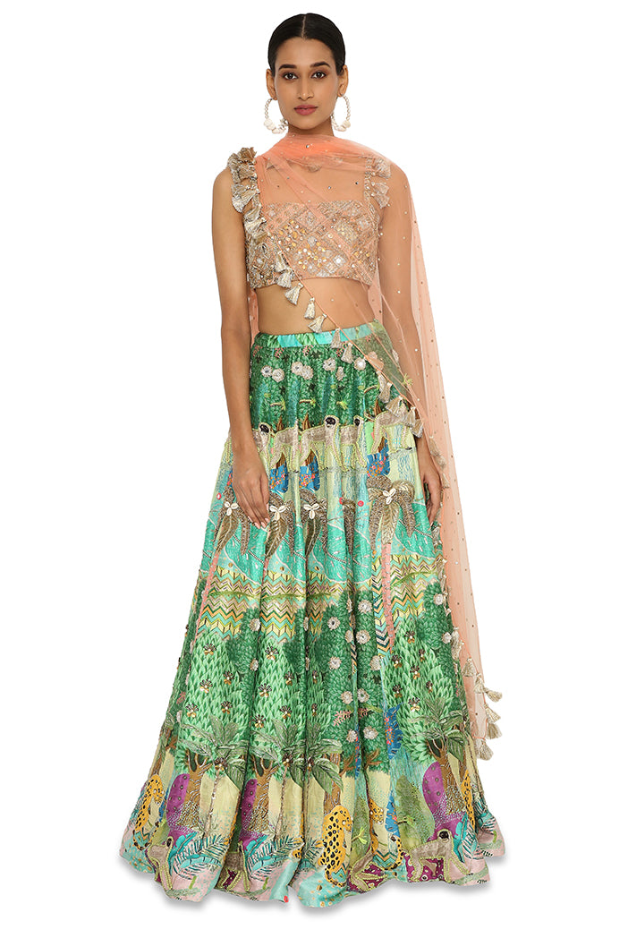 Ruba Peach Colour Embroidered Bustier With Printed Dupion Embroidered Lehenga With Peach Colour Dupatta