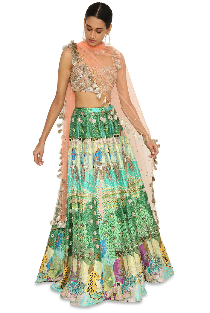 Ruba Peach Colour Embroidered Bustier With Printed Dupion Embroidered Lehenga With Peach Colour Dupatta
