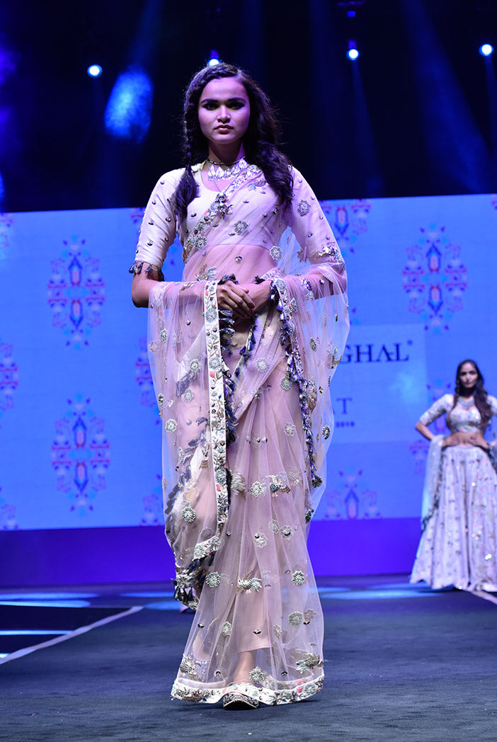 Semra Stone Silk Choli with Rose Pink Net Saree