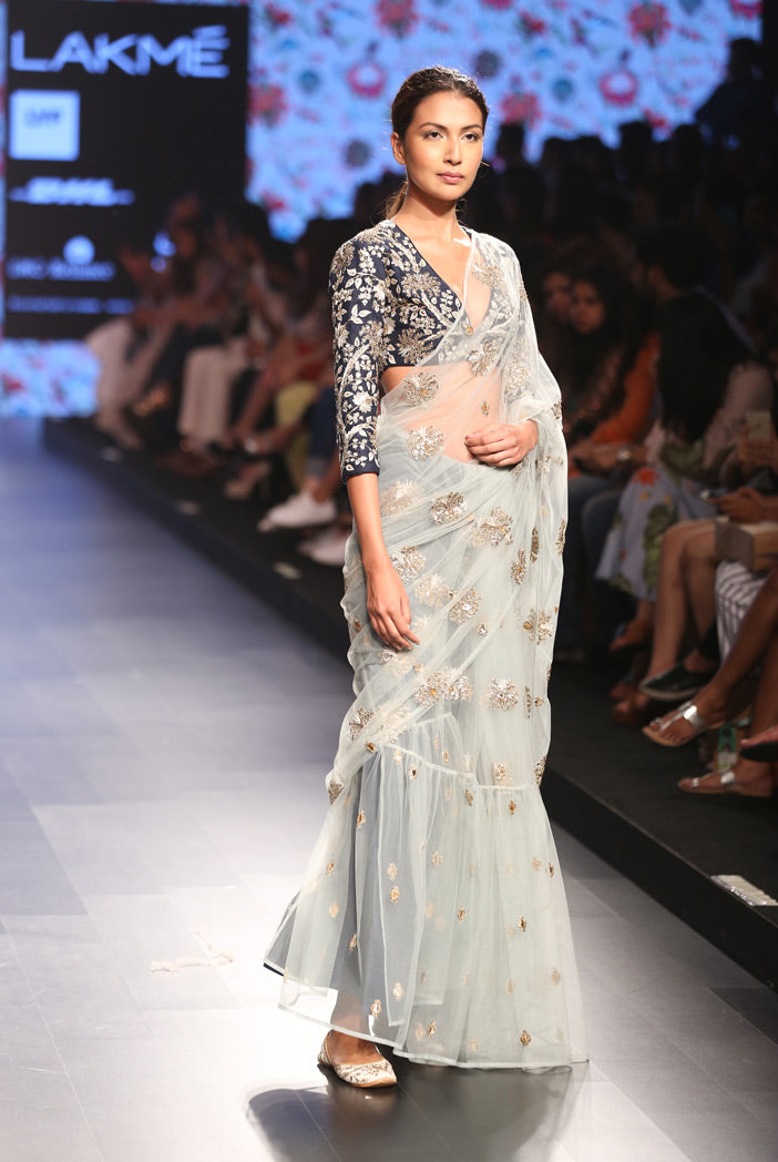 Sita Navy Dupion Silk Choli with Powder Blue Tulle Frill Saree