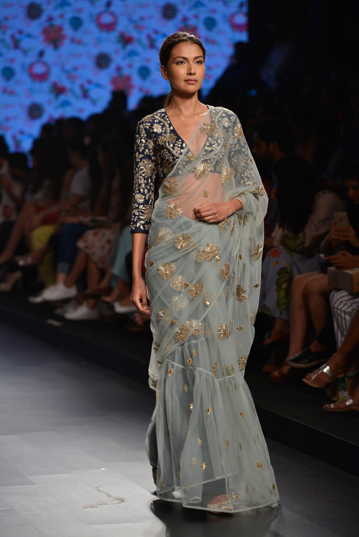 Sita Navy Dupion Silk Choli with Powder Blue Tulle Frill Saree