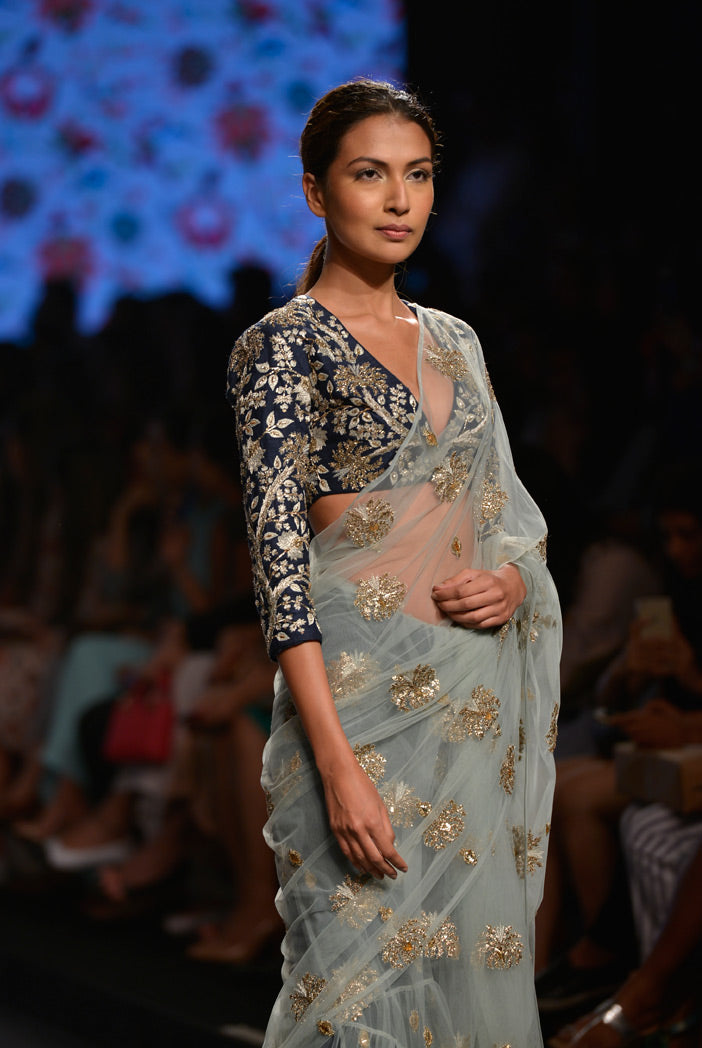 Sita Navy Dupion Silk Choli with Powder Blue Tulle Frill Saree