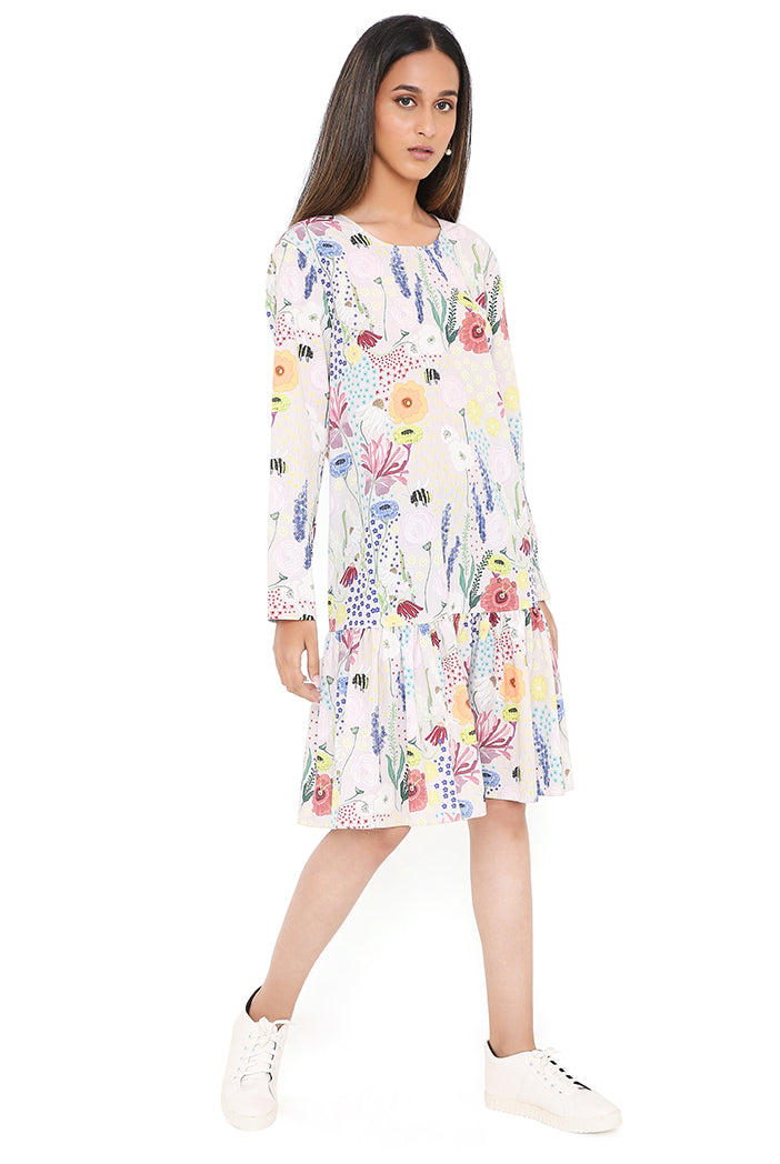 Stone Bee Print Art Crepe Frill Hem Tunic