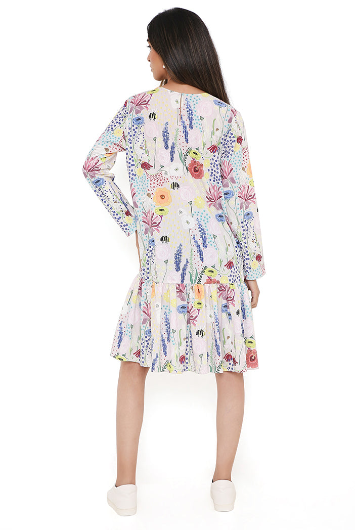 Stone Bee Print Art Crepe Frill Hem Tunic