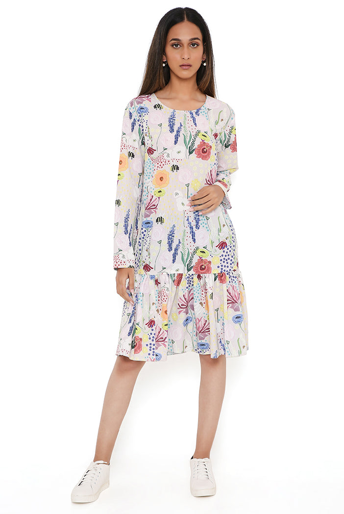 Stone Bee Print Art Crepe Frill Hem Tunic