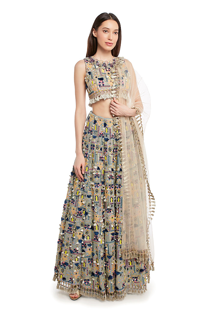 Stone Colour Georgette Choli with Periwinkle Blue Colour Georgette Lehenga and Stone Net Dupatta