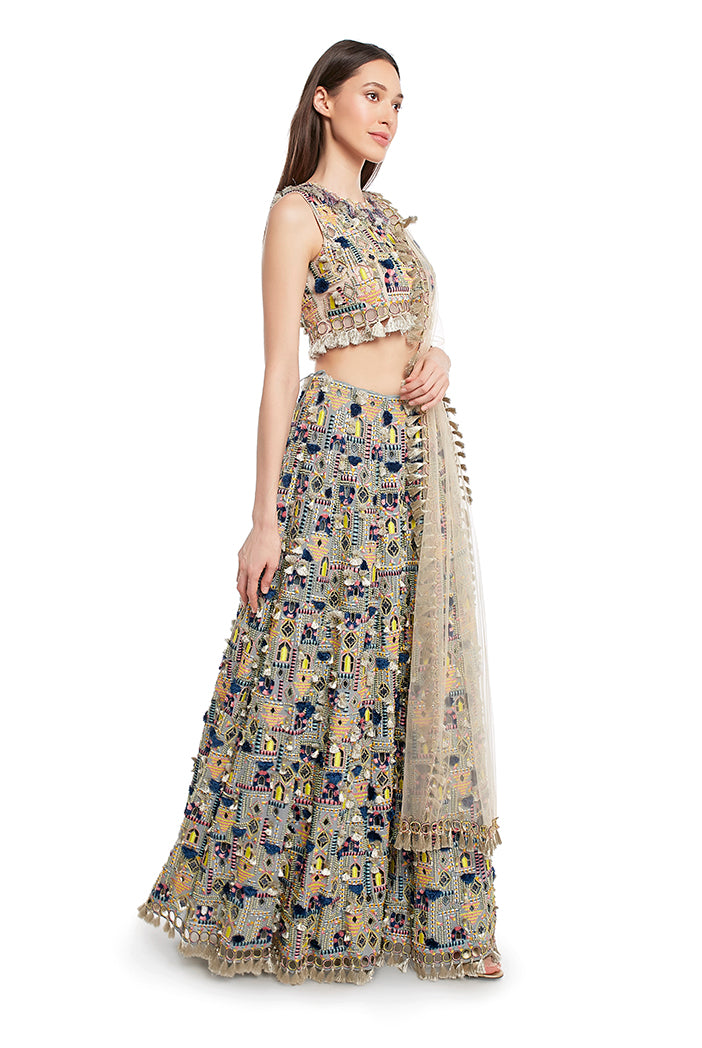 Stone Colour Georgette Choli with Periwinkle Blue Colour Georgette Lehenga and Stone Net Dupatta