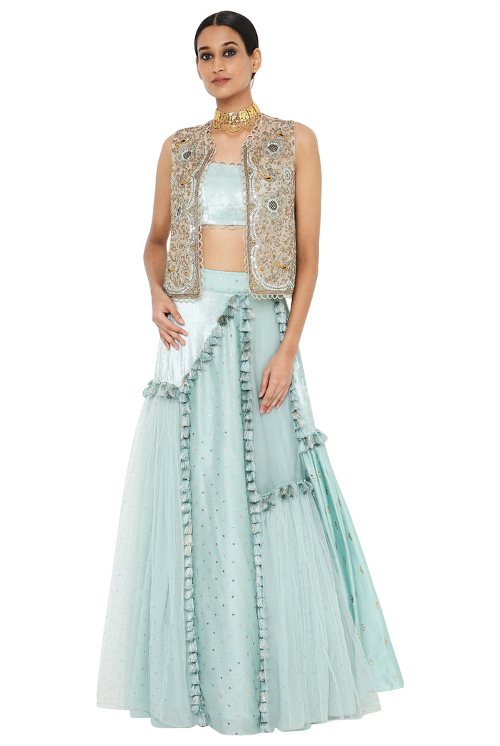 Erum Stone Colour Organza Embroidered Jacket With Powder Blue Velvet Bustier And Multi Kali Lehenga
