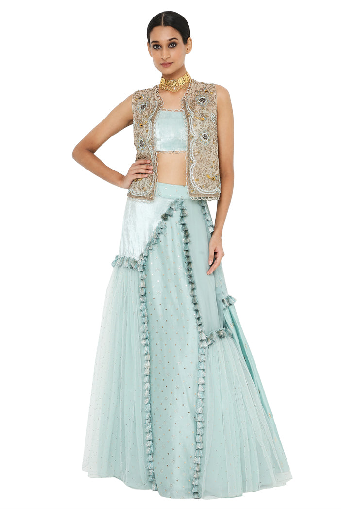 Erum Stone Colour Organza Embroidered Jacket With Powder Blue Velvet Bustier And Multi Kali Lehenga