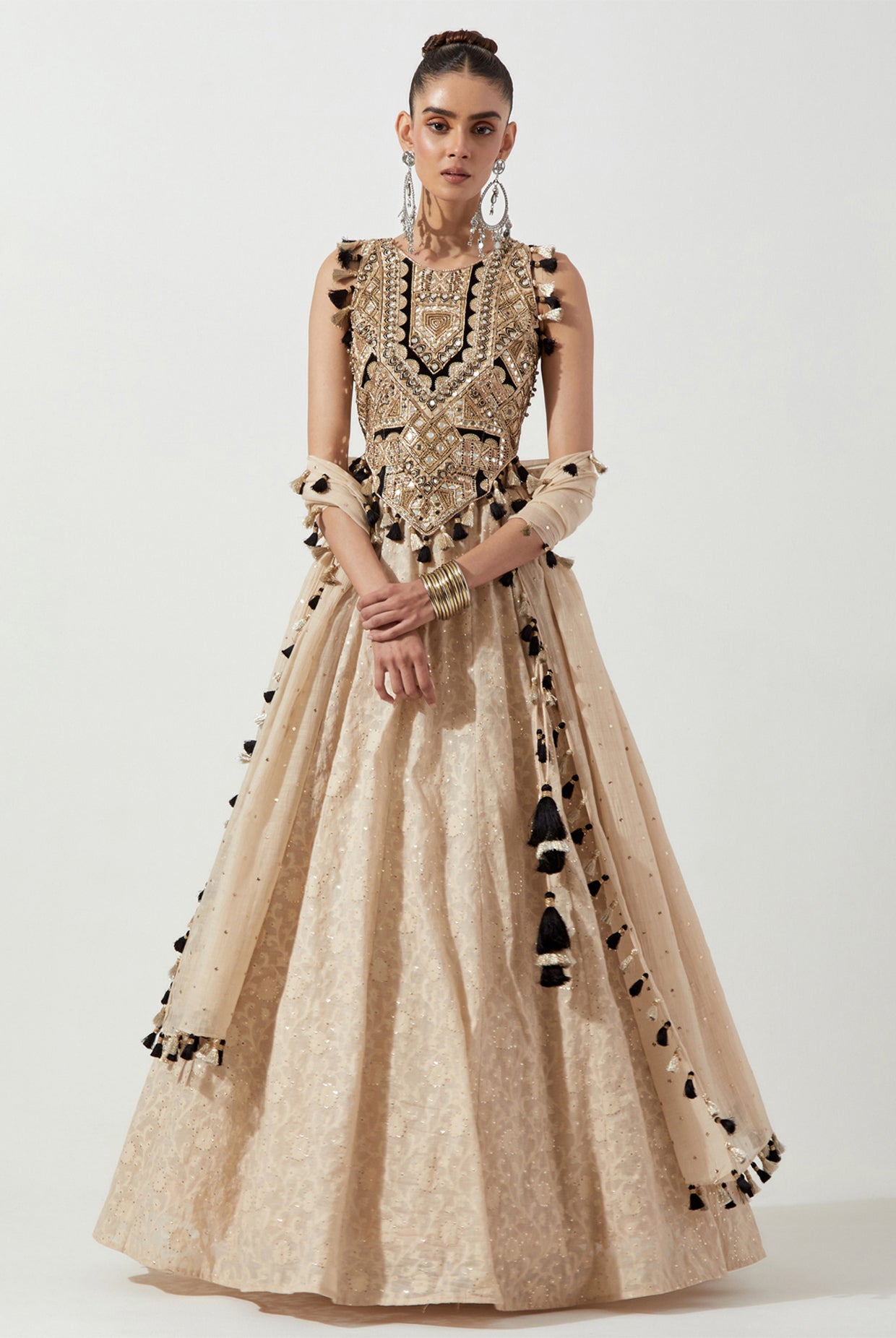 STONE EMBROIDERED CHOLI AND LEHENGA WITH MUKAISH MUL DUPATTA