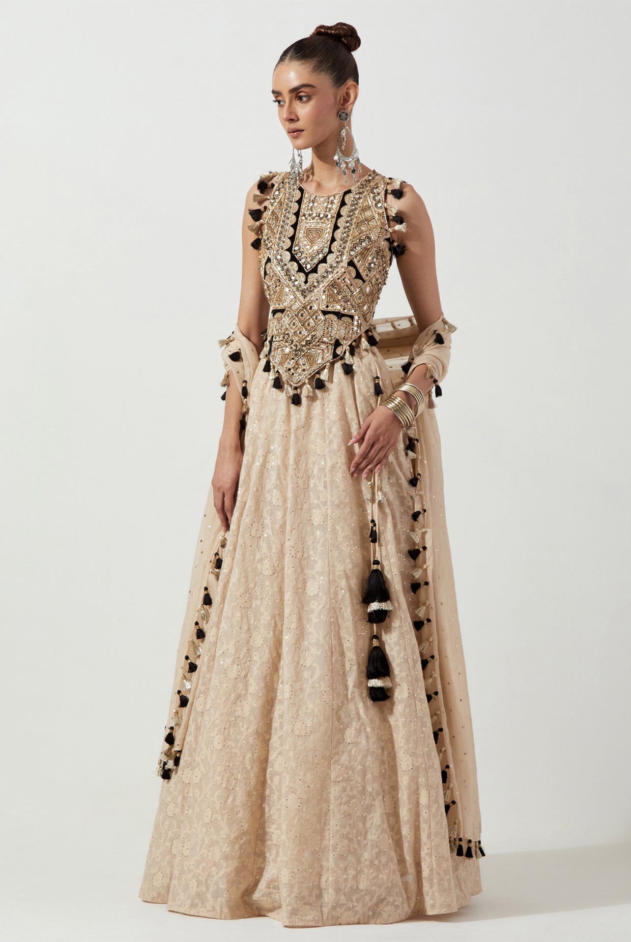 STONE EMBROIDERED CHOLI AND LEHENGA WITH MUKAISH MUL DUPATTA