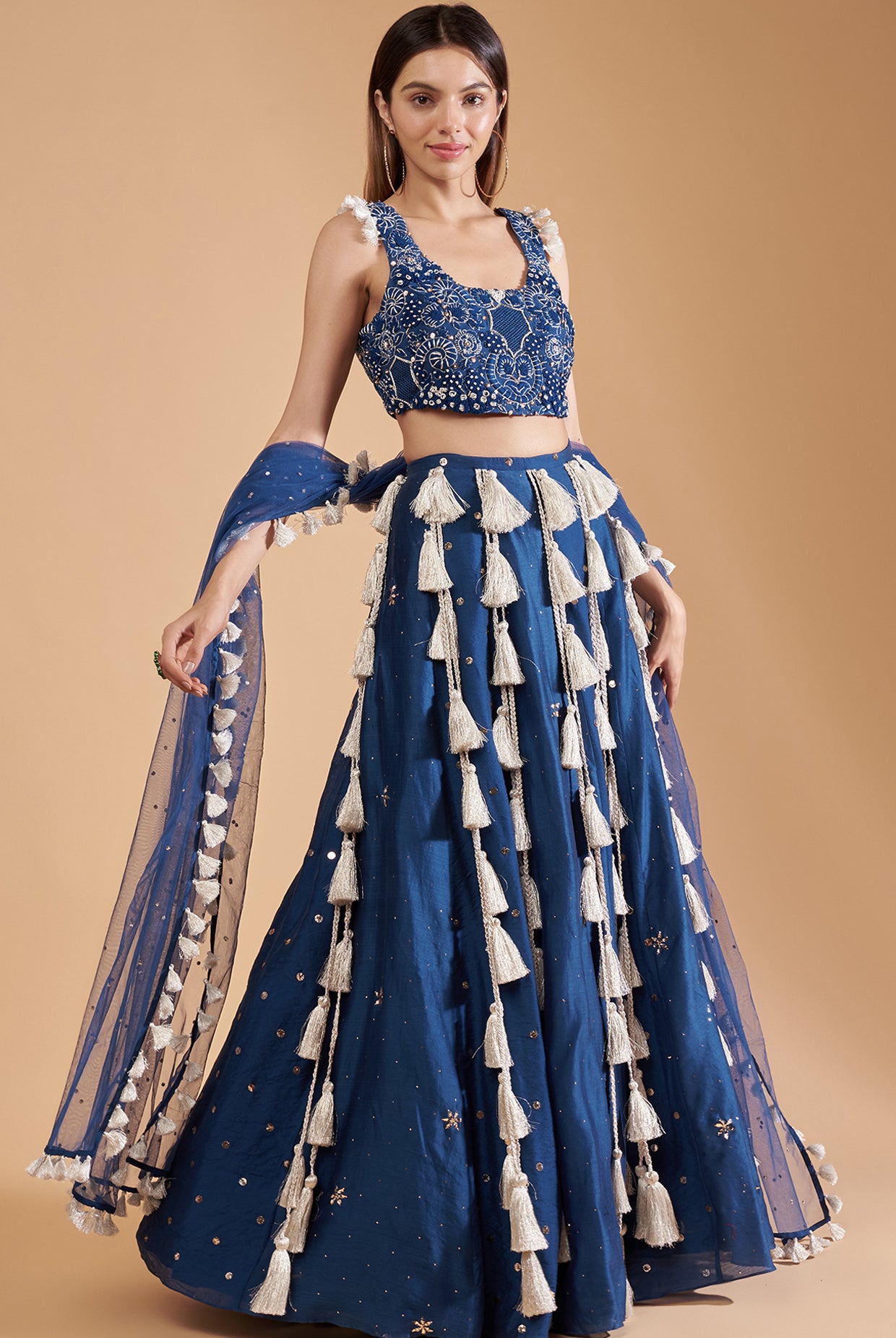 Teal Blue Embroidered Choli With Lehenga And Dupatta