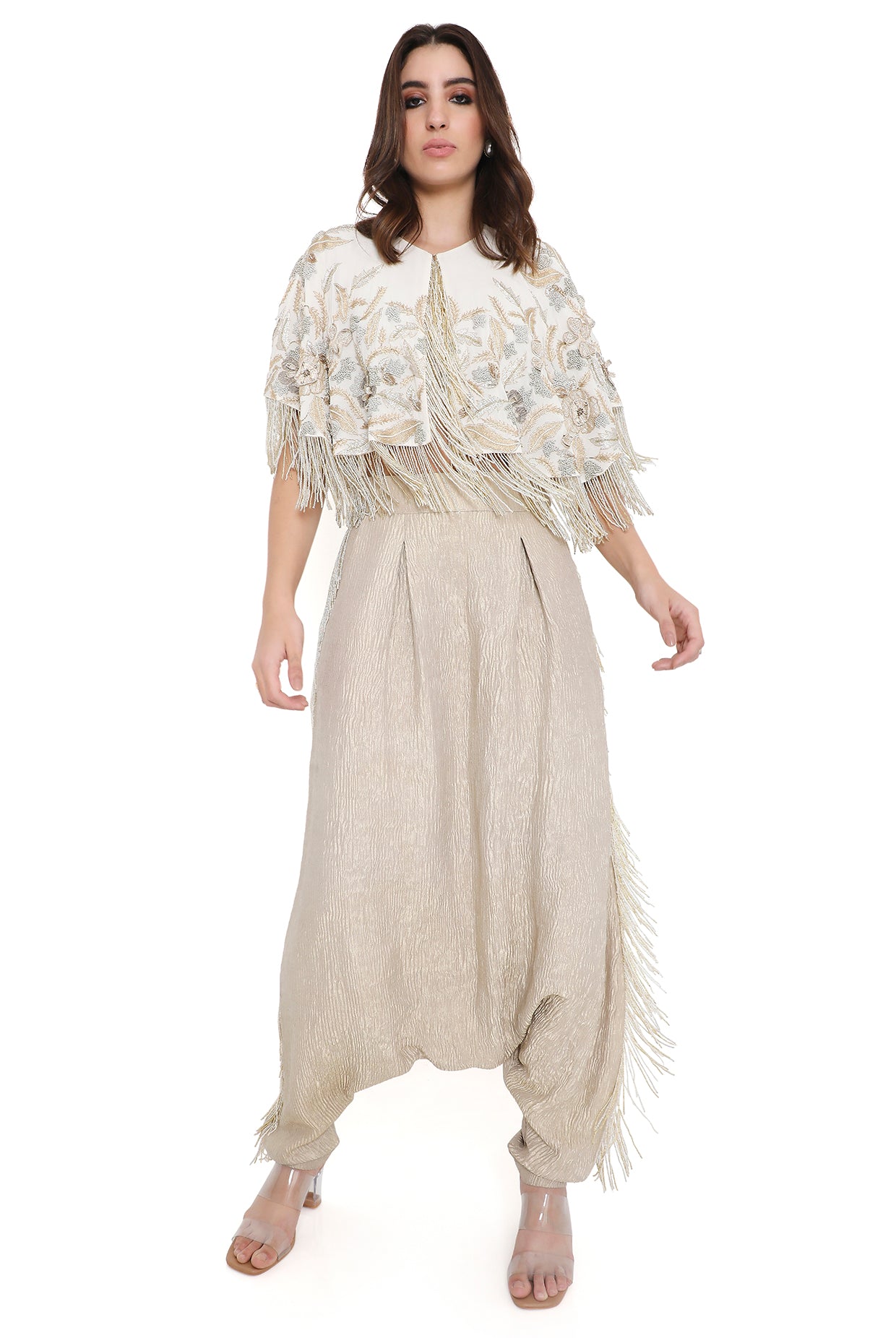 Tessa Off White Embroidered Cape And Bustier With Low Crotch Pant