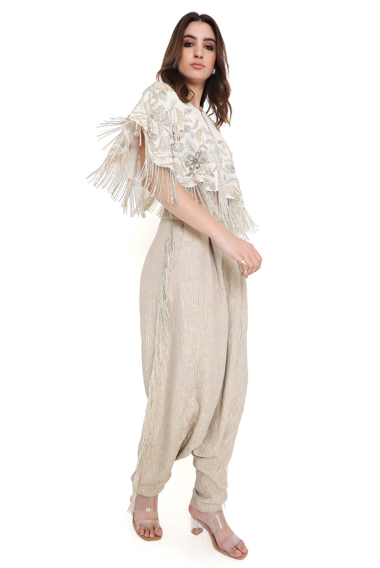 Tessa Off White Embroidered Cape And Bustier With Low Crotch Pant