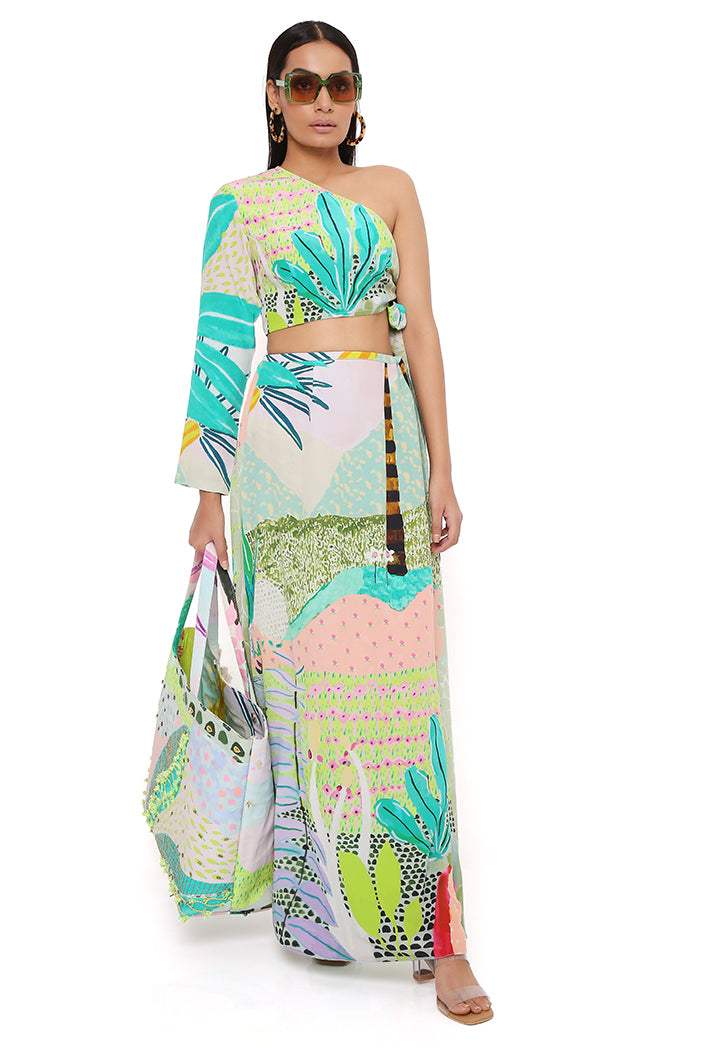 Tropical Print Crepe One Shoulder Side Tie-Up Choli With Skirt