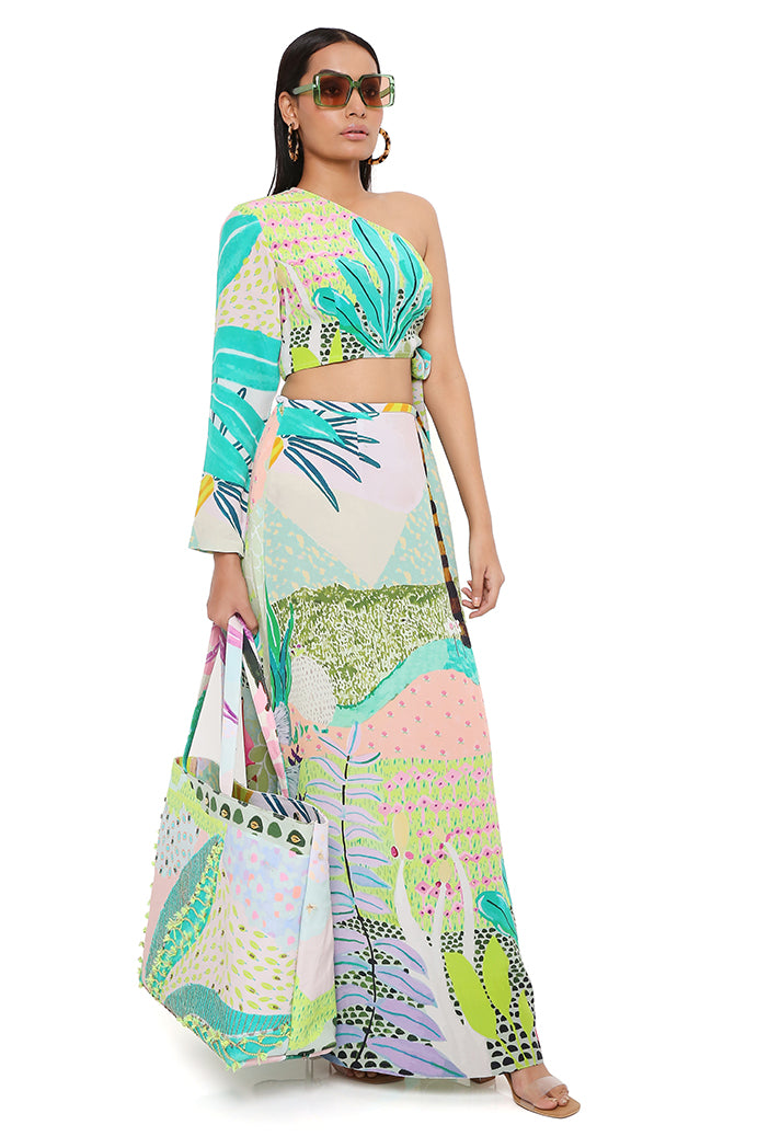 Tropical Print Crepe One Shoulder Side Tie-Up Choli With Skirt