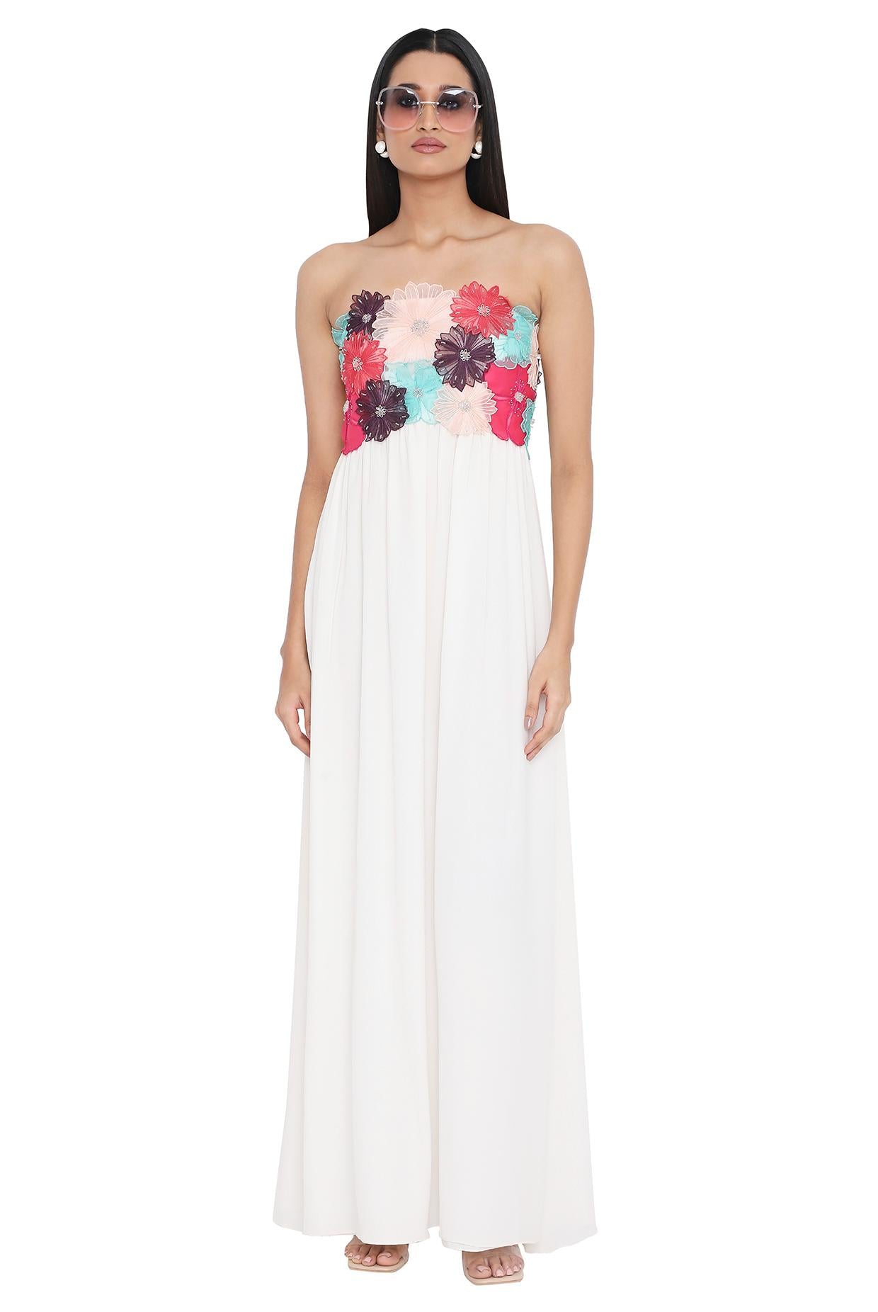 Viola Off White 3D Flower Embroidered Maxi Dress