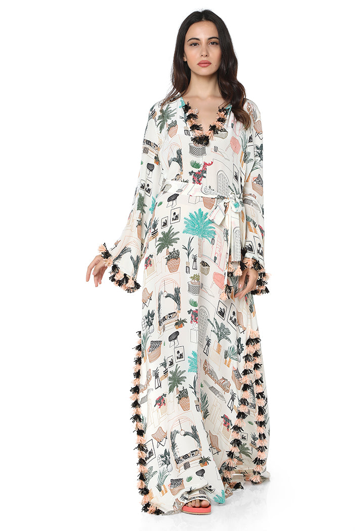 White Colour Printed Art Crepe Kaftan