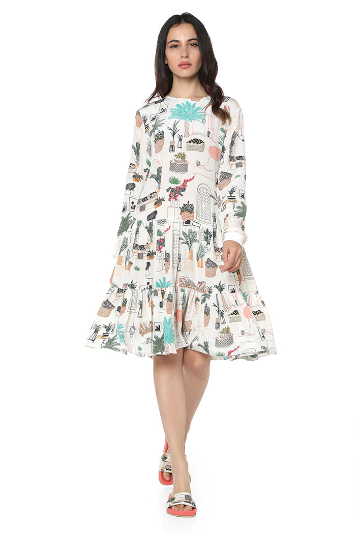 White Colour Printed Crepe Frill Hem Tunic