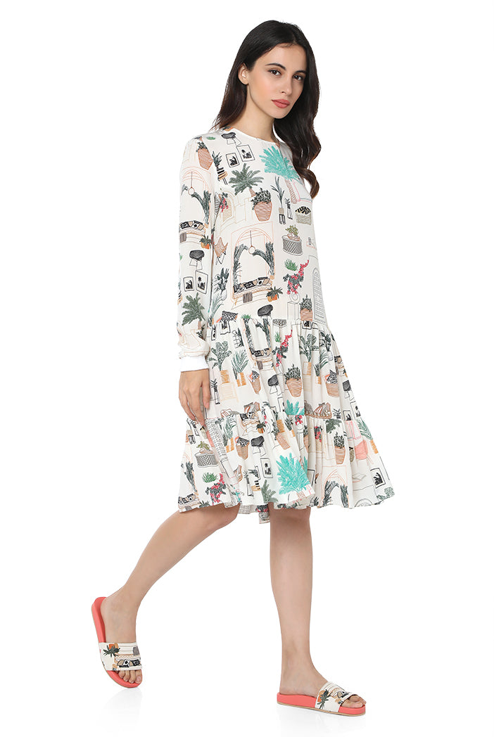 White Colour Printed Crepe Frill Hem Tunic