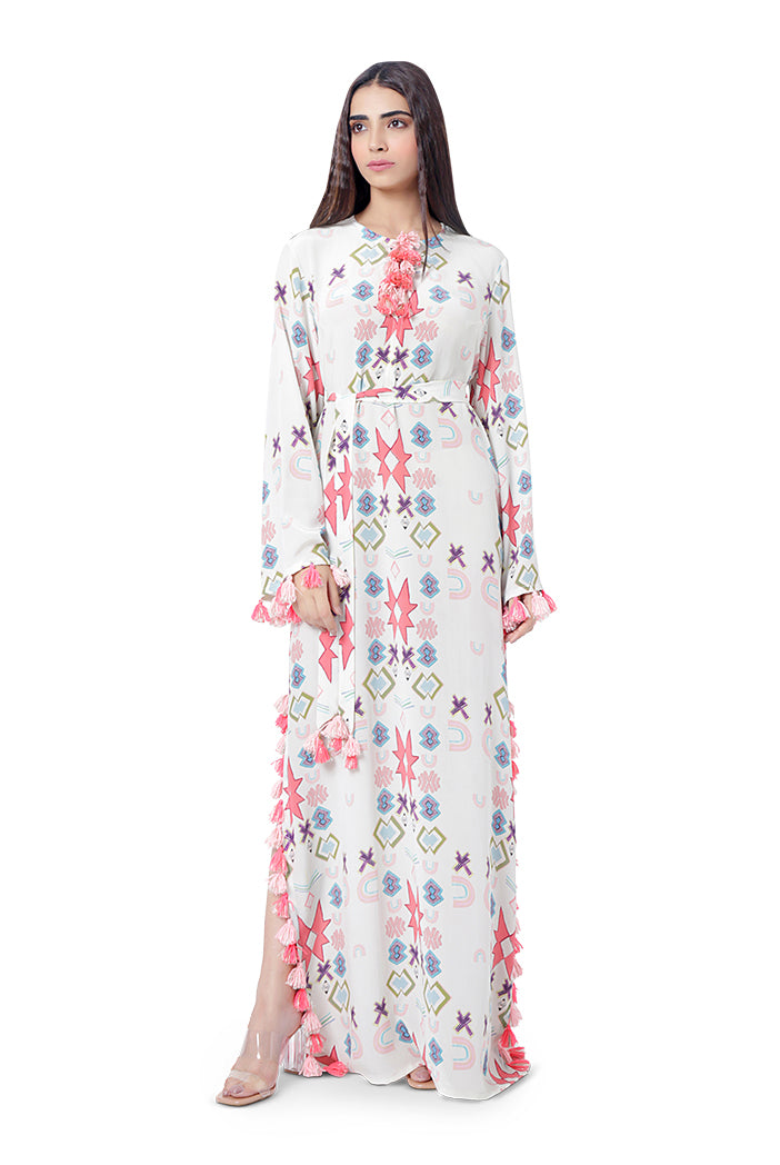 White Printed Crepe High-Slit Kaftan with Belt