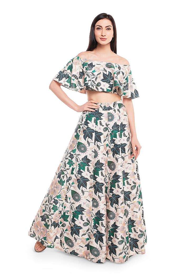 White Printed Dupion Silk Off Shoulder Ruffle Top with Lehenga