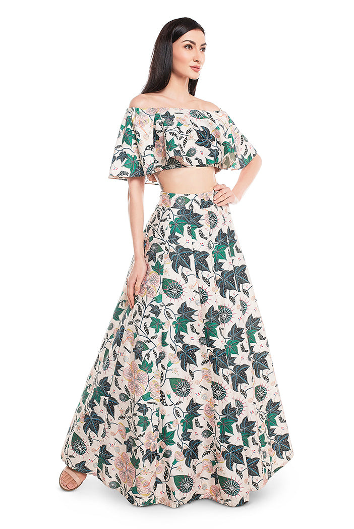 White Printed Dupion Silk Off Shoulder Ruffle Top with Lehenga