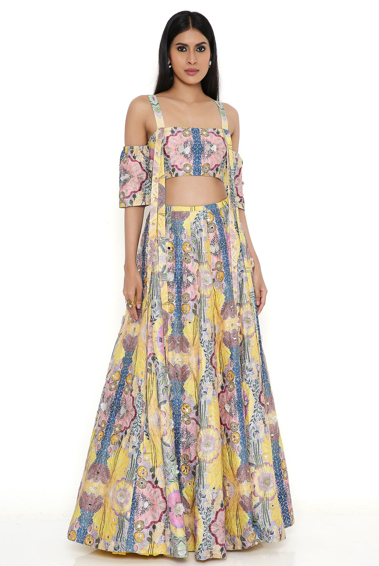 Yellow Enchanted Print Dupion Silk Embroidered Top With  Lehenga