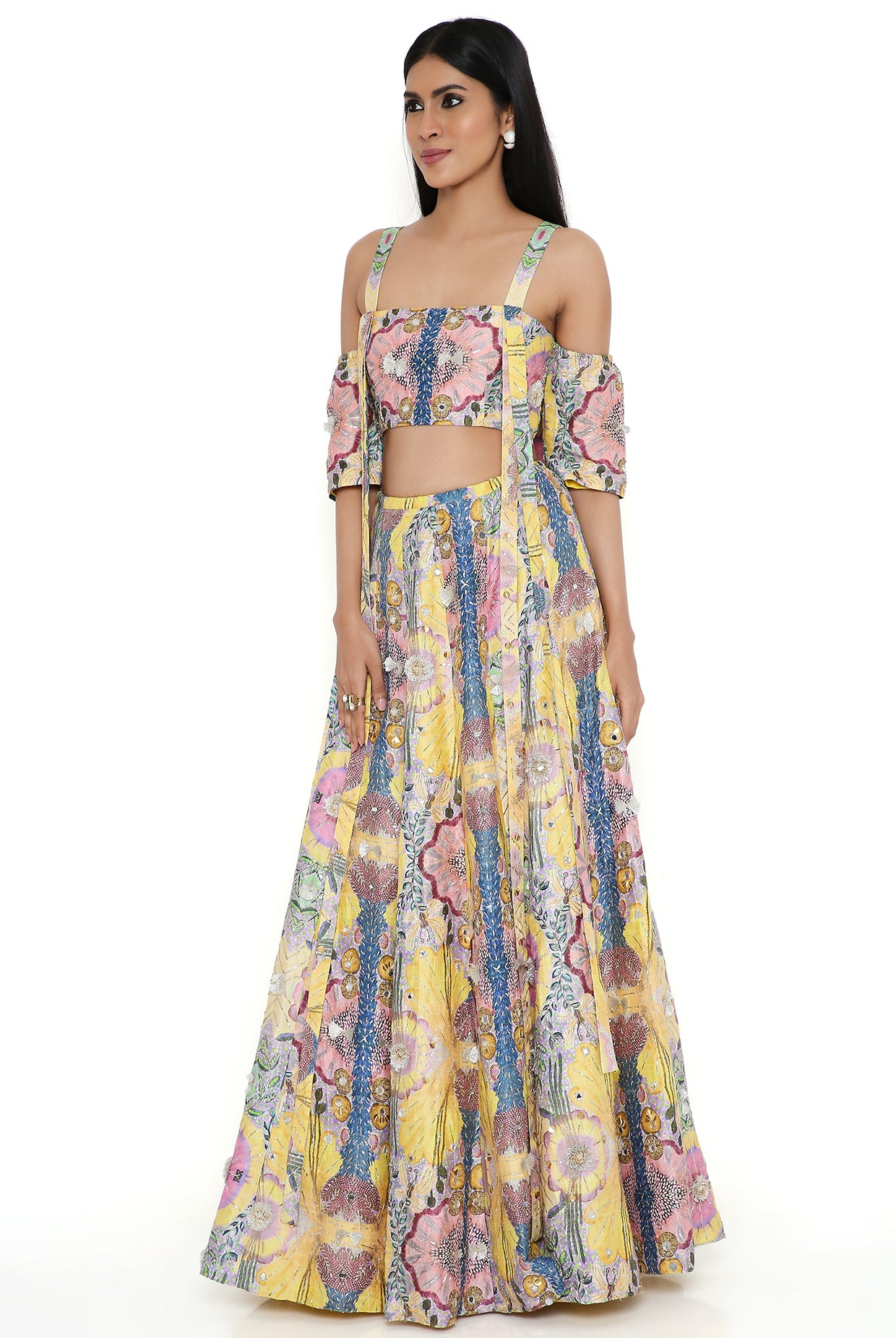 Yellow Enchanted Print Dupion Silk Embroidered Top With  Lehenga