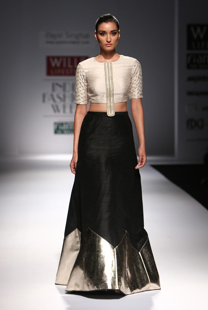 Zakya Stone Dupion Silk Choli with Black Dupion Silk and Gold Leather Triangle Hem Border Lehenga