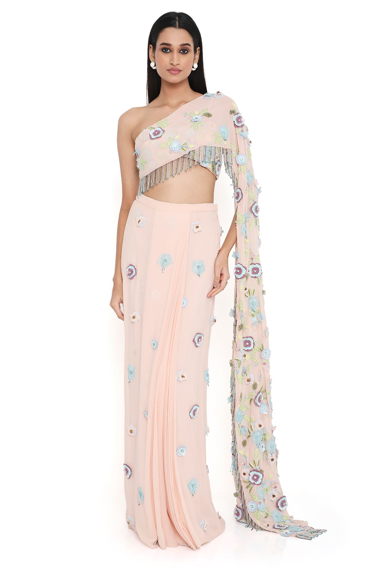 Zetta Blush Pink Embroidered Choli With Attached Pallu And Embroidered Pre-Stitched Skirt