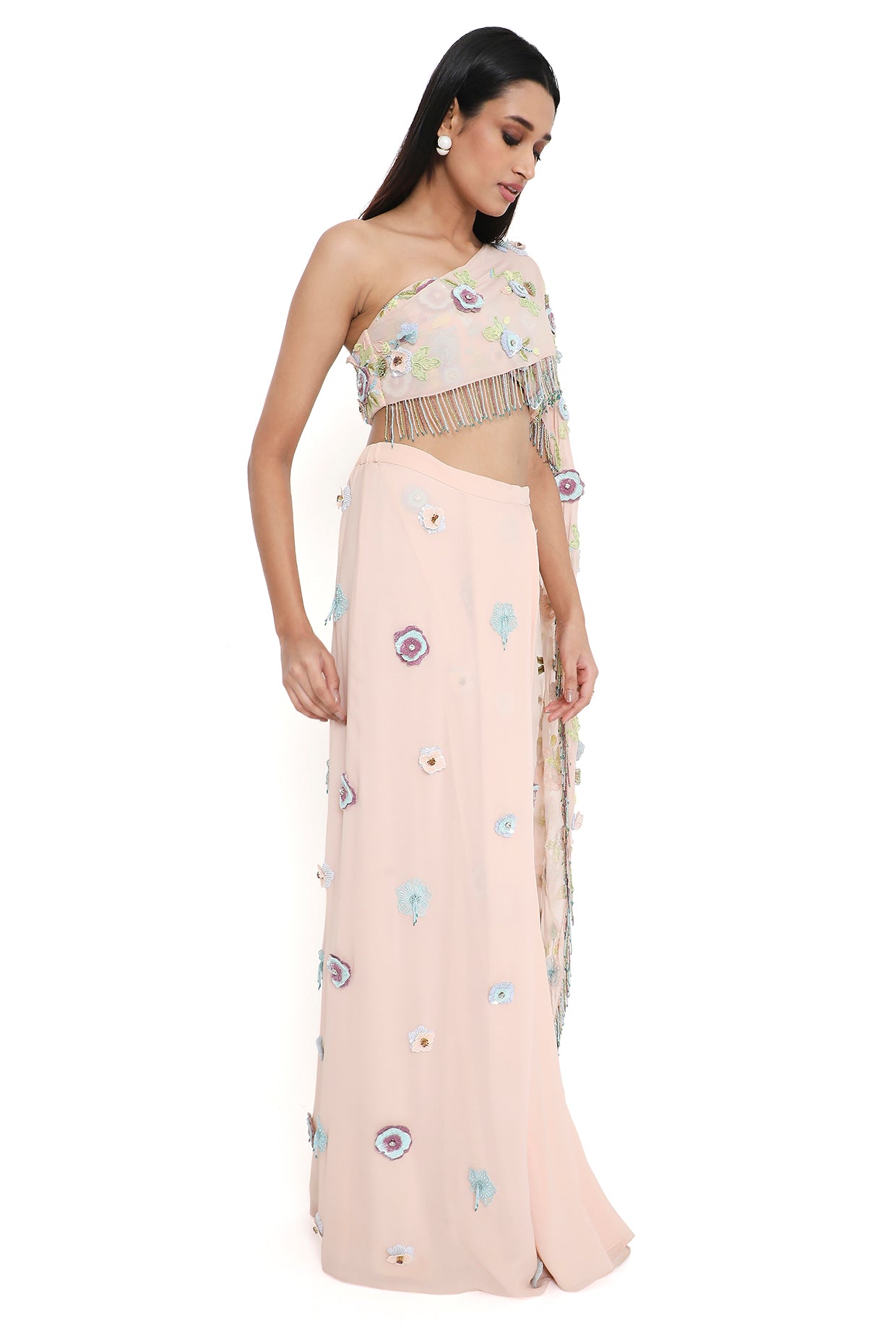 Zetta Blush Pink Embroidered Choli With Attached Pallu And Embroidered Pre-Stitched Skirt