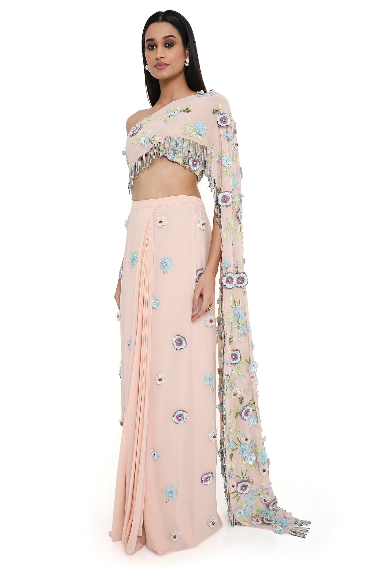 Zetta Blush Pink Embroidered Choli With Attached Pallu And Embroidered Pre-Stitched Skirt