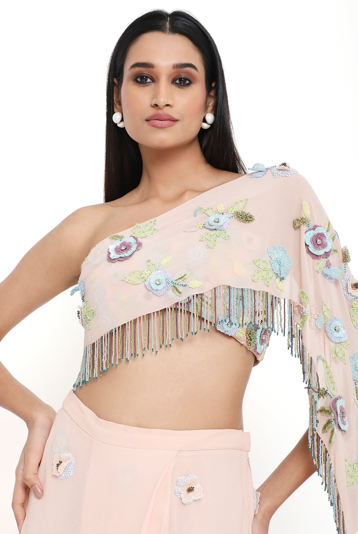 Zetta Blush Pink Embroidered Choli With Attached Pallu And Embroidered Pre-Stitched Skirt