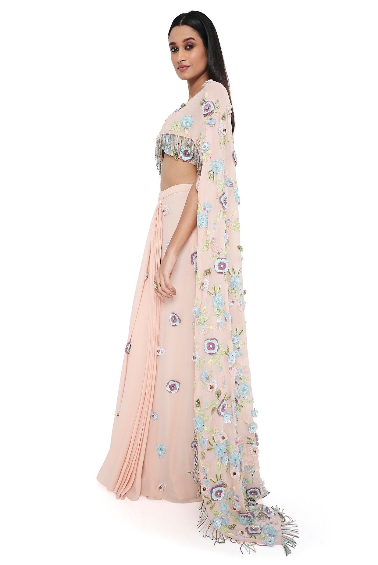 Zetta Blush Pink Embroidered Choli With Attached Pallu And Embroidered Pre-Stitched Skirt
